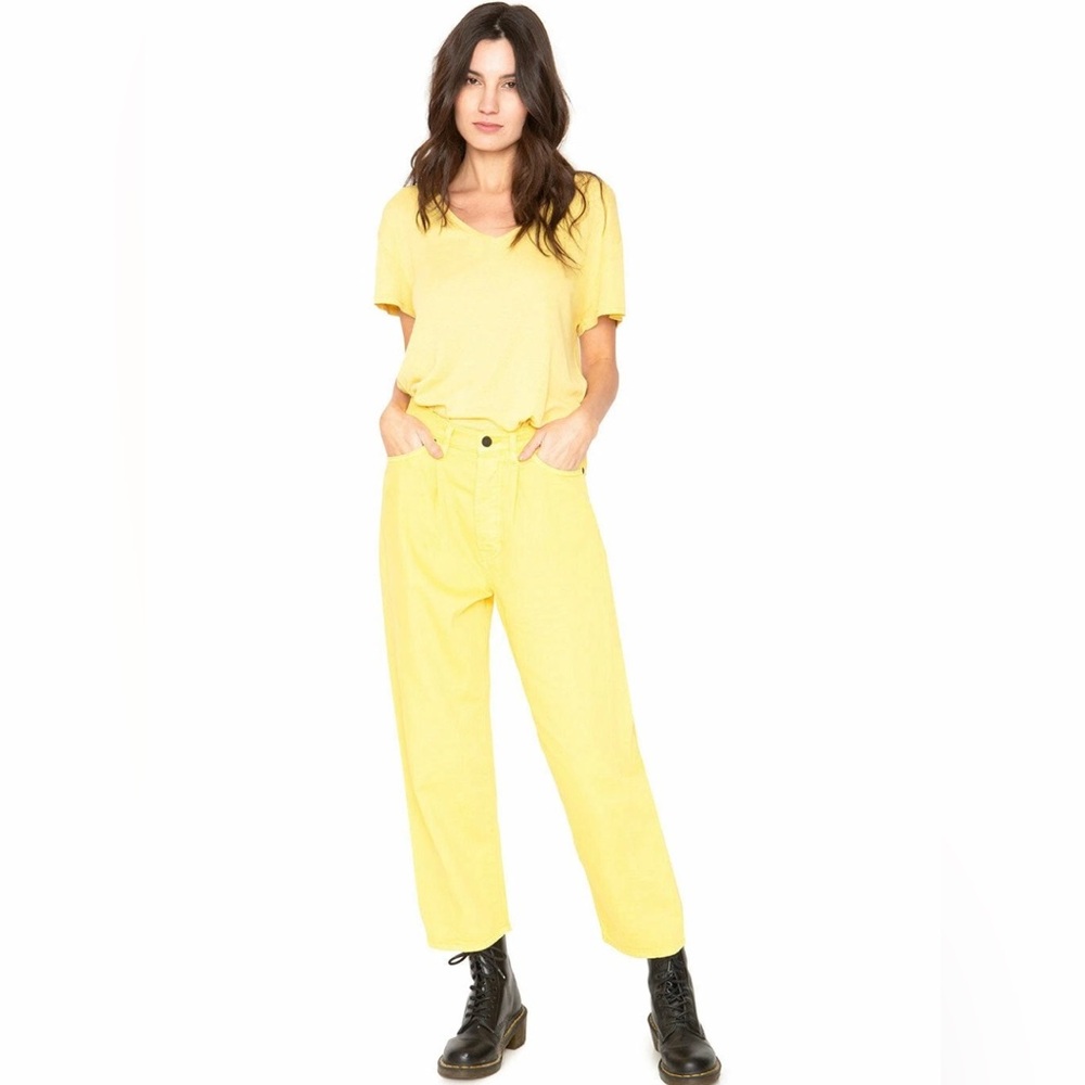 SR vs Sandrine Rose Yellow Wide Leg Pants Cotton Blend Jeans size 31 Pleated